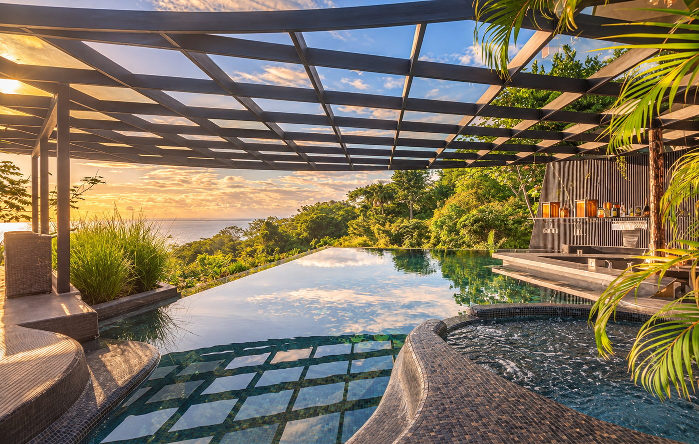 Ocean Club infinity pool at dusk, the Pacific beyond, Makanda by the Sea