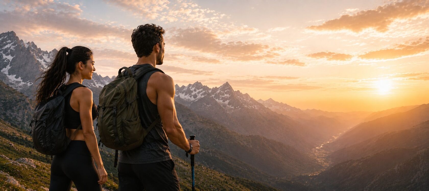 Hiker looking at mountains at sunset