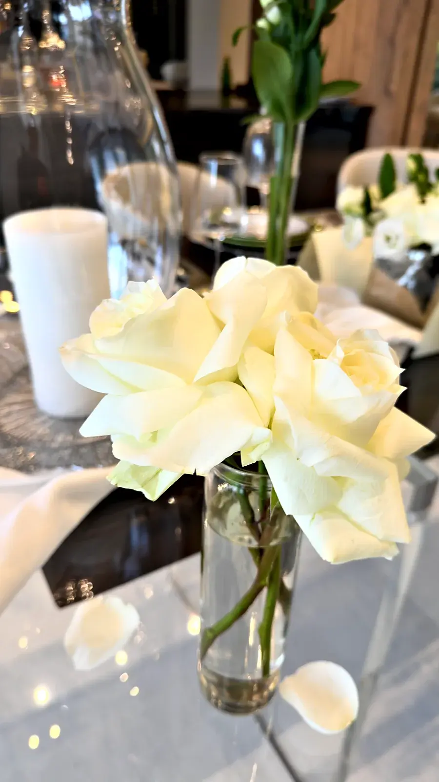 White roses on the table — a time capsule birthday dinner at home by private chef Marina Staver in Miami