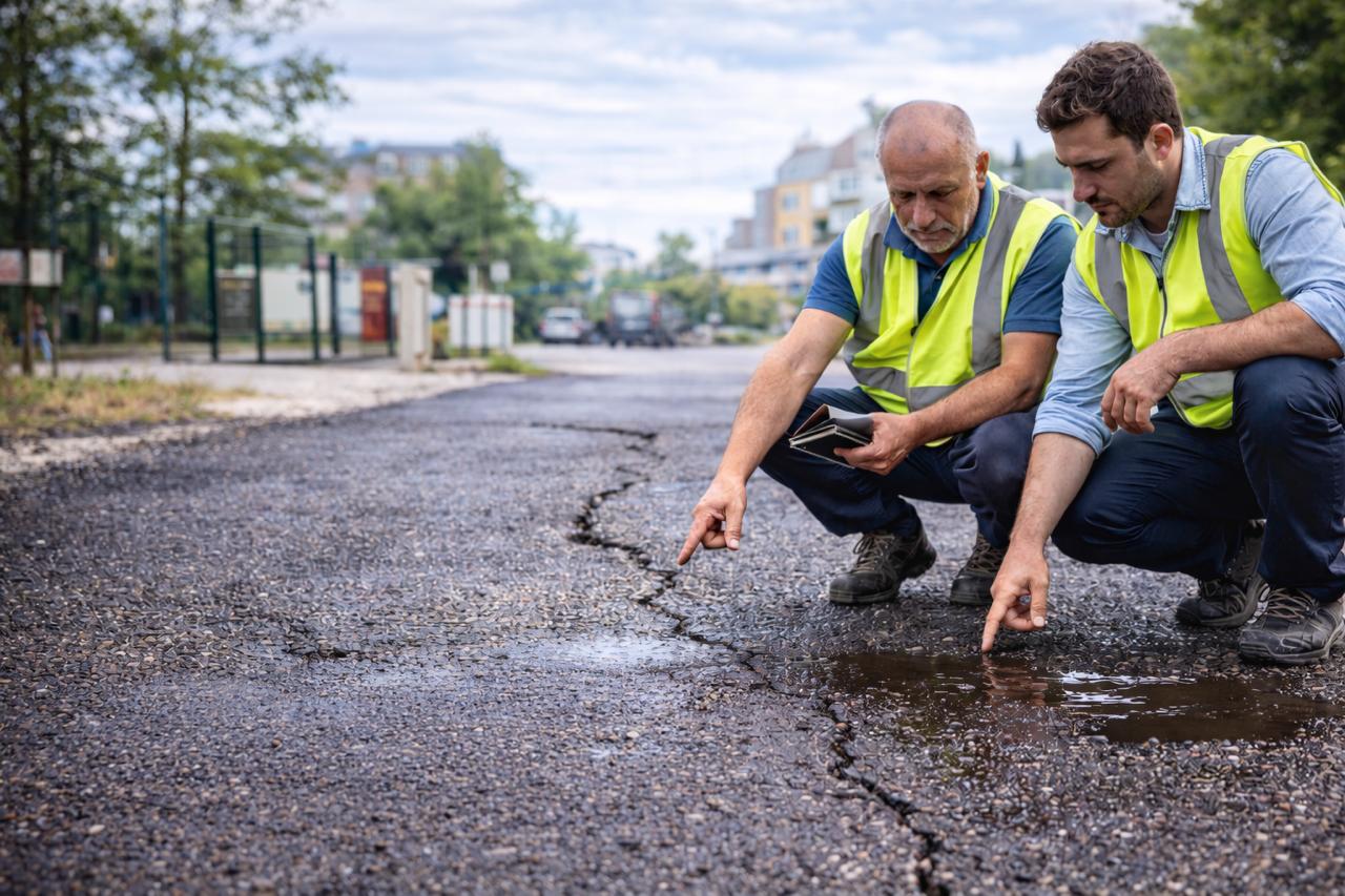 Проверка на нов асфалт в първия ден – ранни признаци на бъдещо напукване и задържане на вода