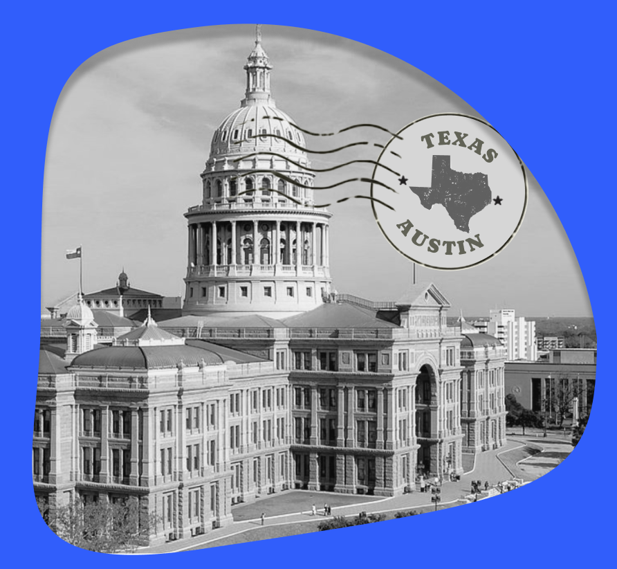 Texas State Capitol in Austin and a &ldquo;Texas &middot; Austin&rdquo; postage stamp