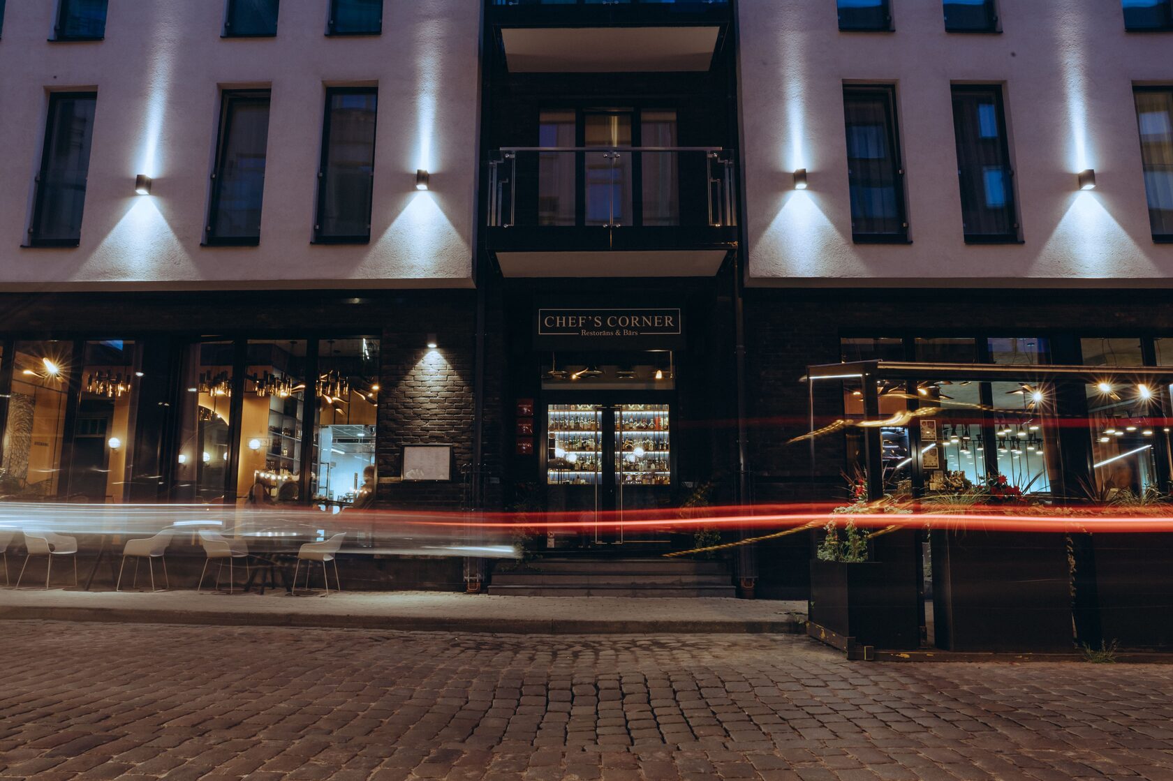 Chef's Corner restaurant entrance from the street in Riga