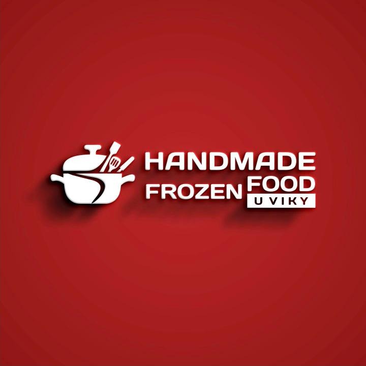 White Handmade Frozen Food logo on a red wall