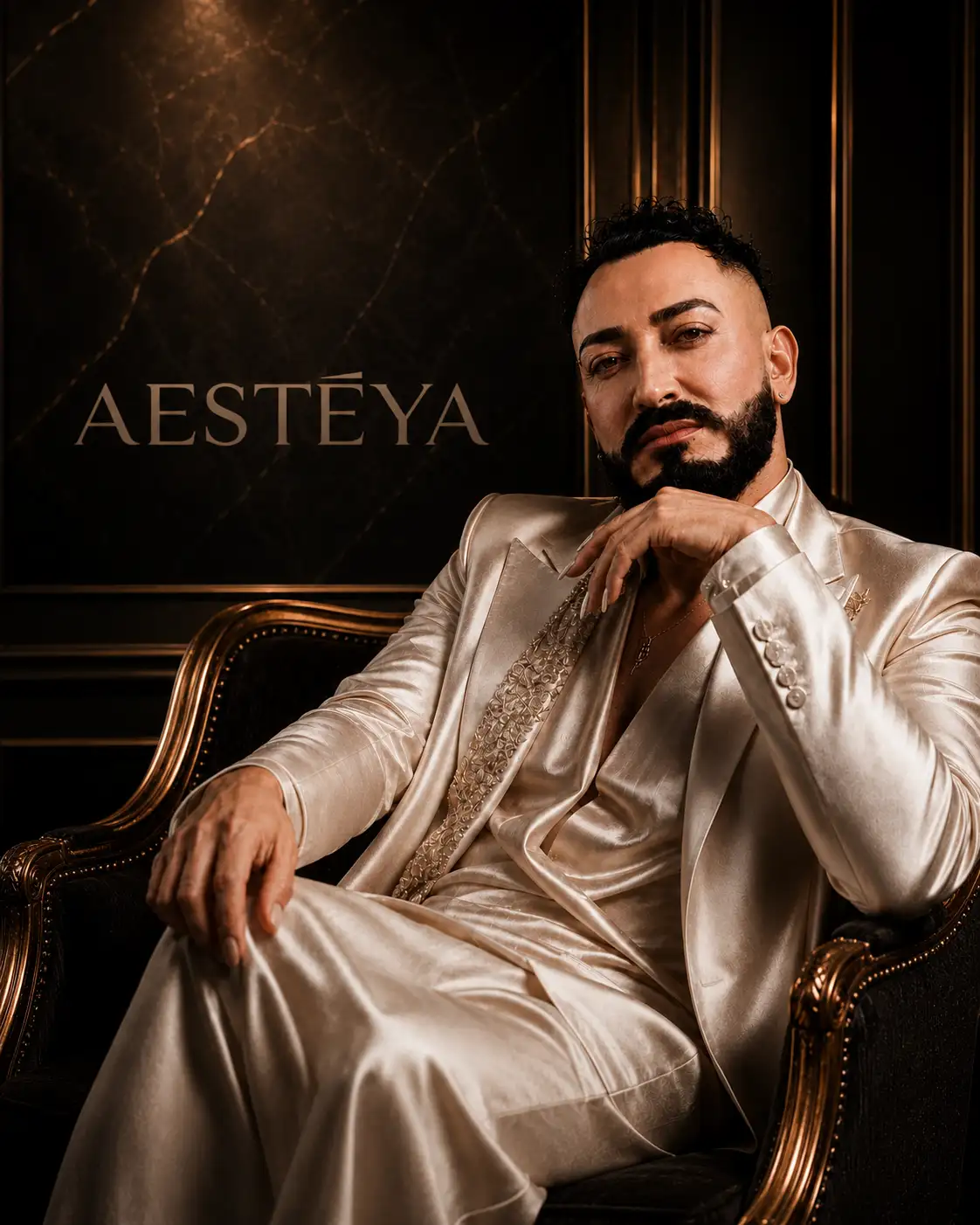 DUMAN ON, şampanya tonlarında takım elbiseyle koyu renkli editoryal bir ortamda oturuyor