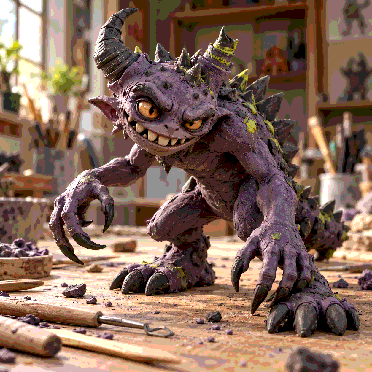 A child shaping a small clay monster sculpture between their hands.