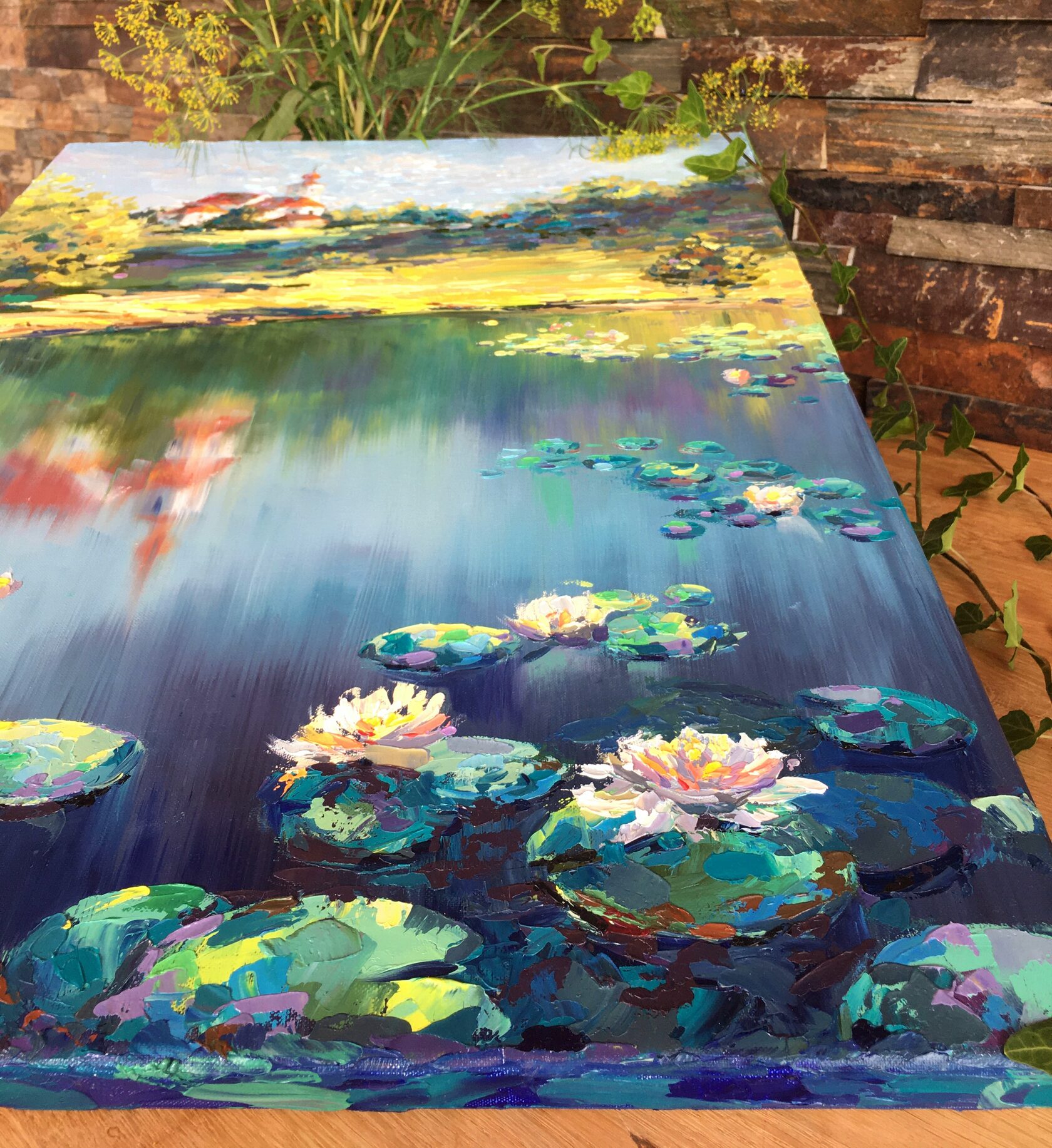Landscape in oils, lake with water lilies