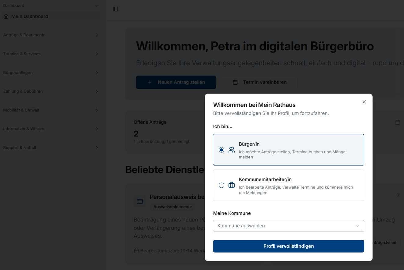 Registrierung im Bürgerportal mit Auswahl zwischen Bürgerkonto und kommunalem Mitarbeiterkonto