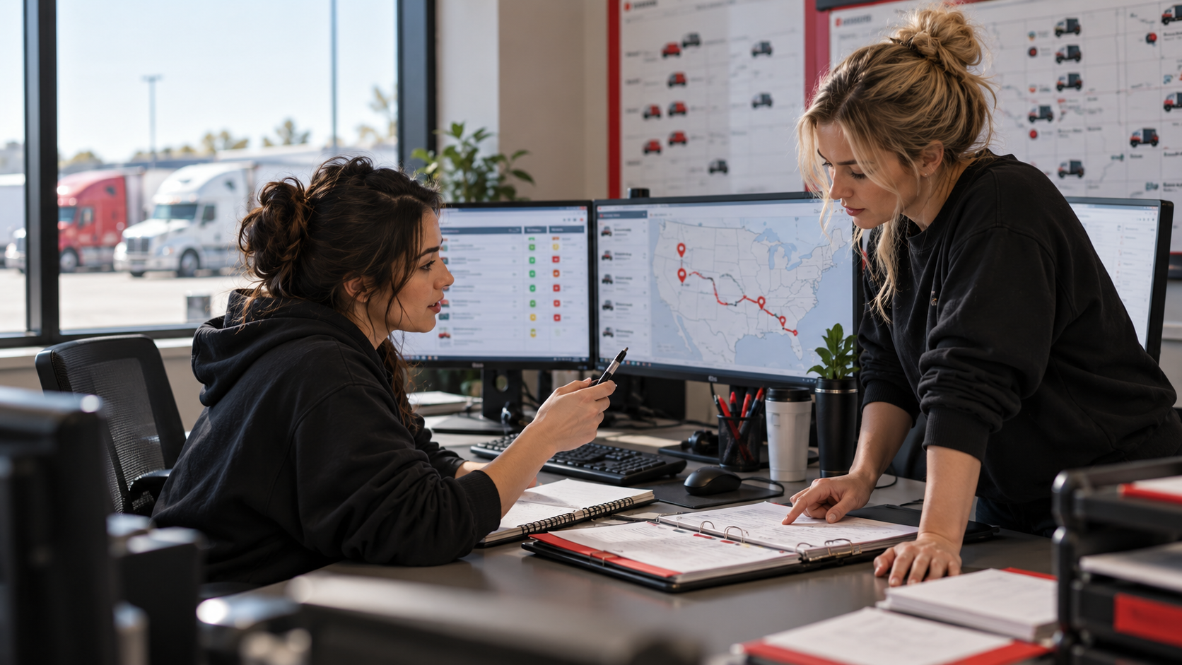 Two dispatchers conducting a shift handoff over an organized truck-status board and document folder