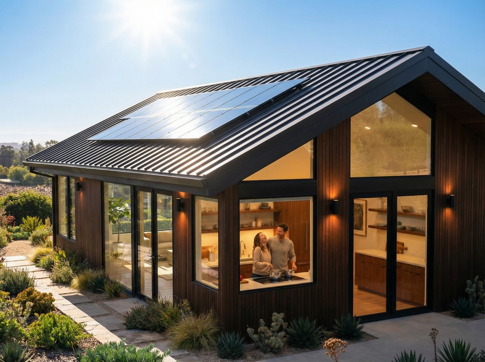 Modern Southern California home with a rooftop solar array
