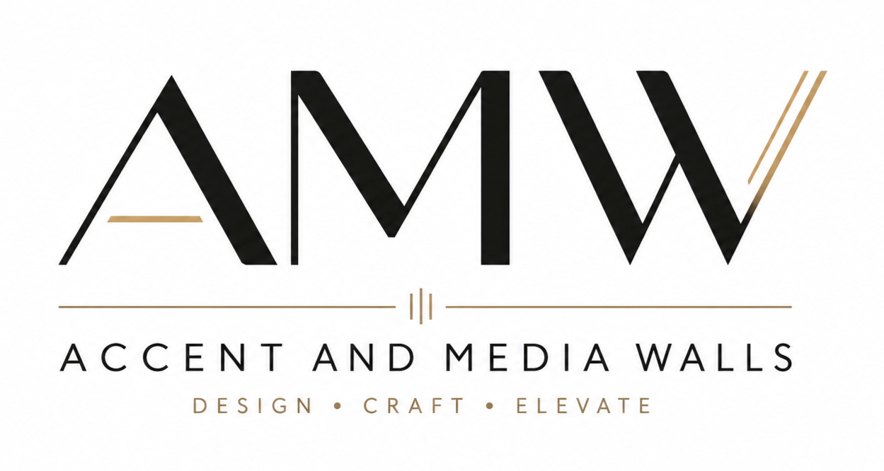 Minimalist AMW logo design for Accent and Media Walls featuring a modern black geometric monogram with elegant gold accents on a clean white background.