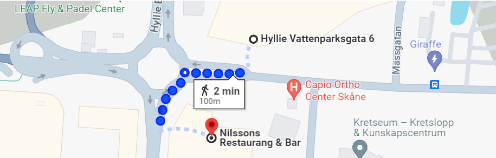 Route to Nilssons Restaurang, Malmö Arena Hotel, Google map screenshot.