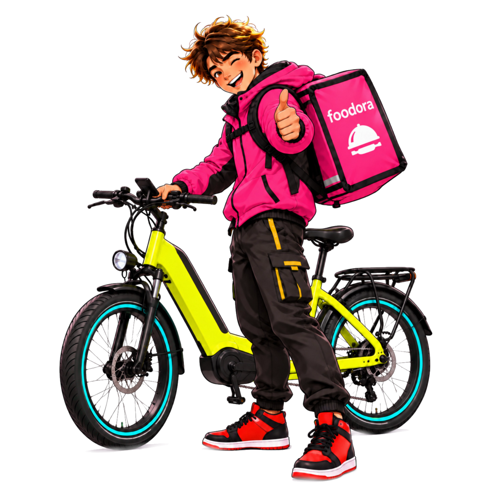 Anime kurýr Foodora v růžové bundě s doručovacím batohem Foodora stojí vedle žlutozeleného elektrokola. Usmívá se a ukazuje palec nahoru.