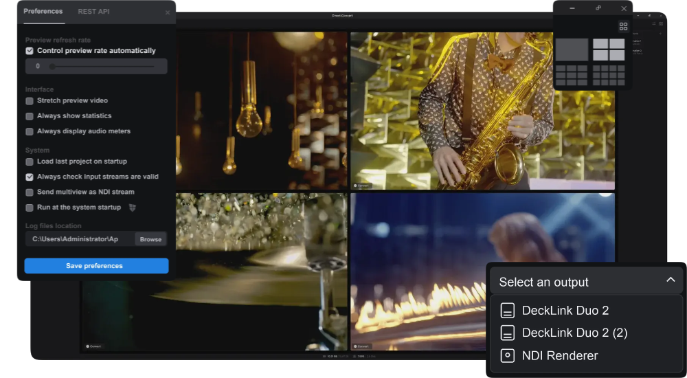 Direct Convert main interface showing Sources list, channel multiview, and Destinations list