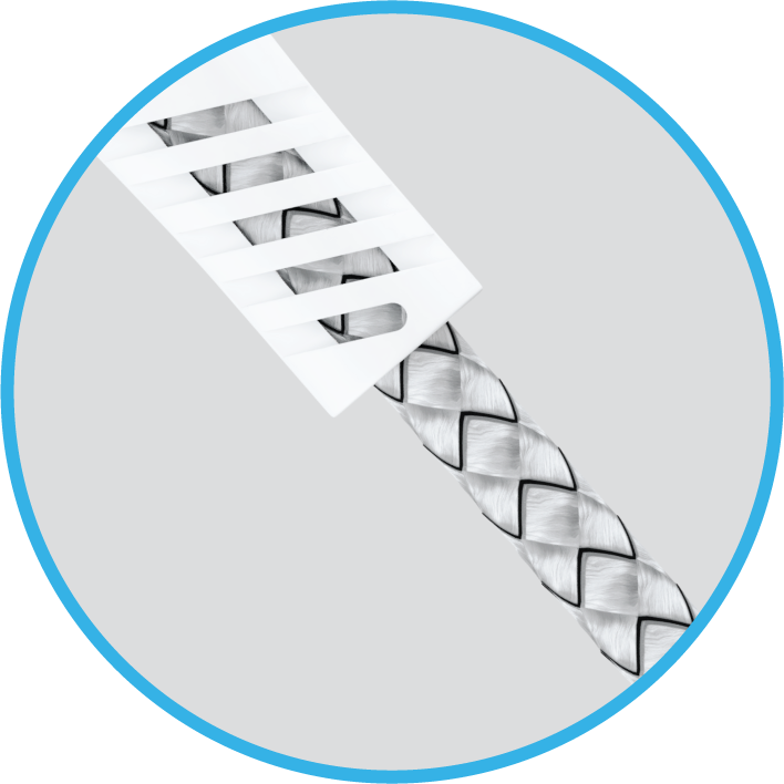 A white Evelatus cable with a plastic guard at the end