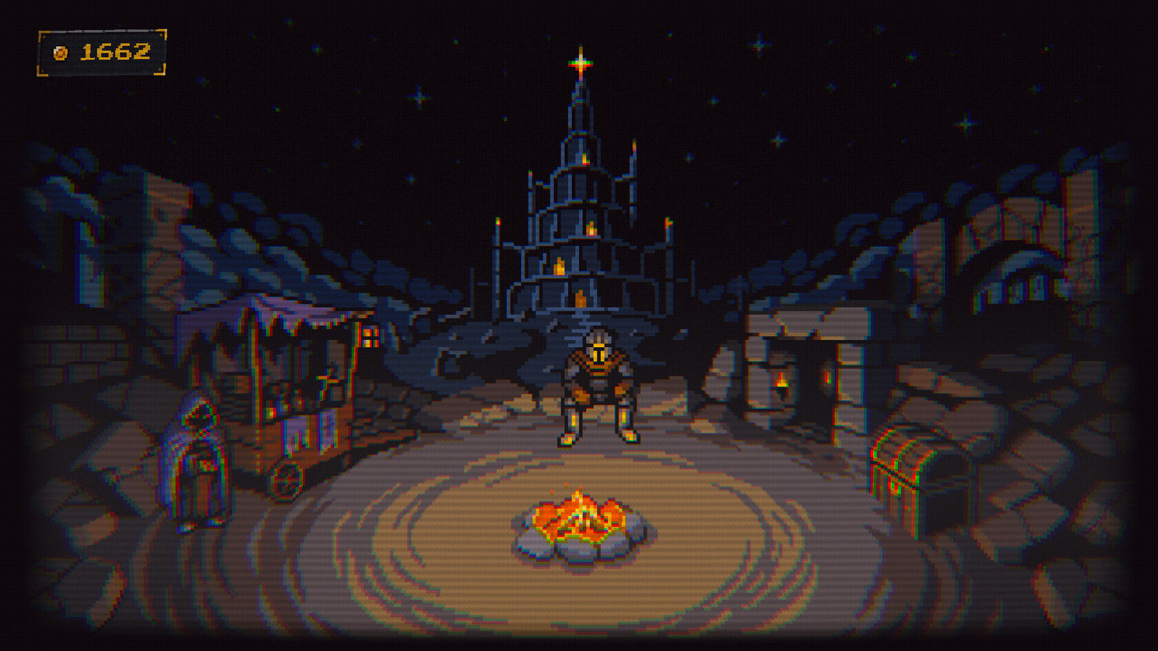 The Grave Slide hub with a knight, campfire and Tower
