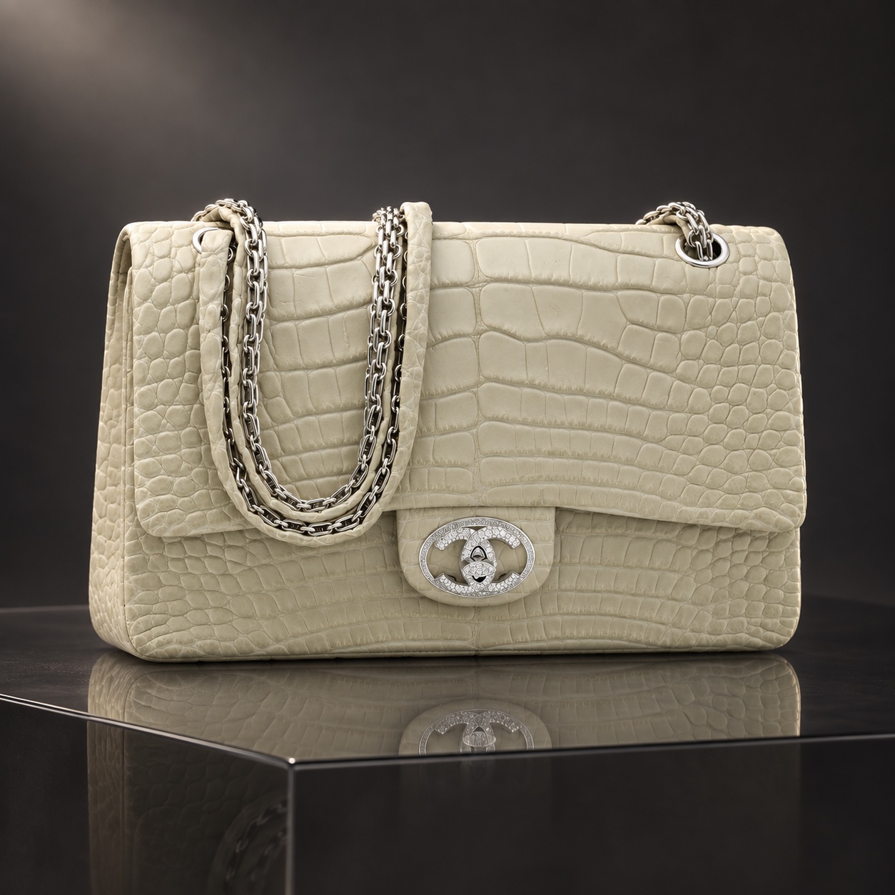 Ivory Chanel Diamonds Forever flap bag with a chain strap and jeweled CC clasp on smoked glass
