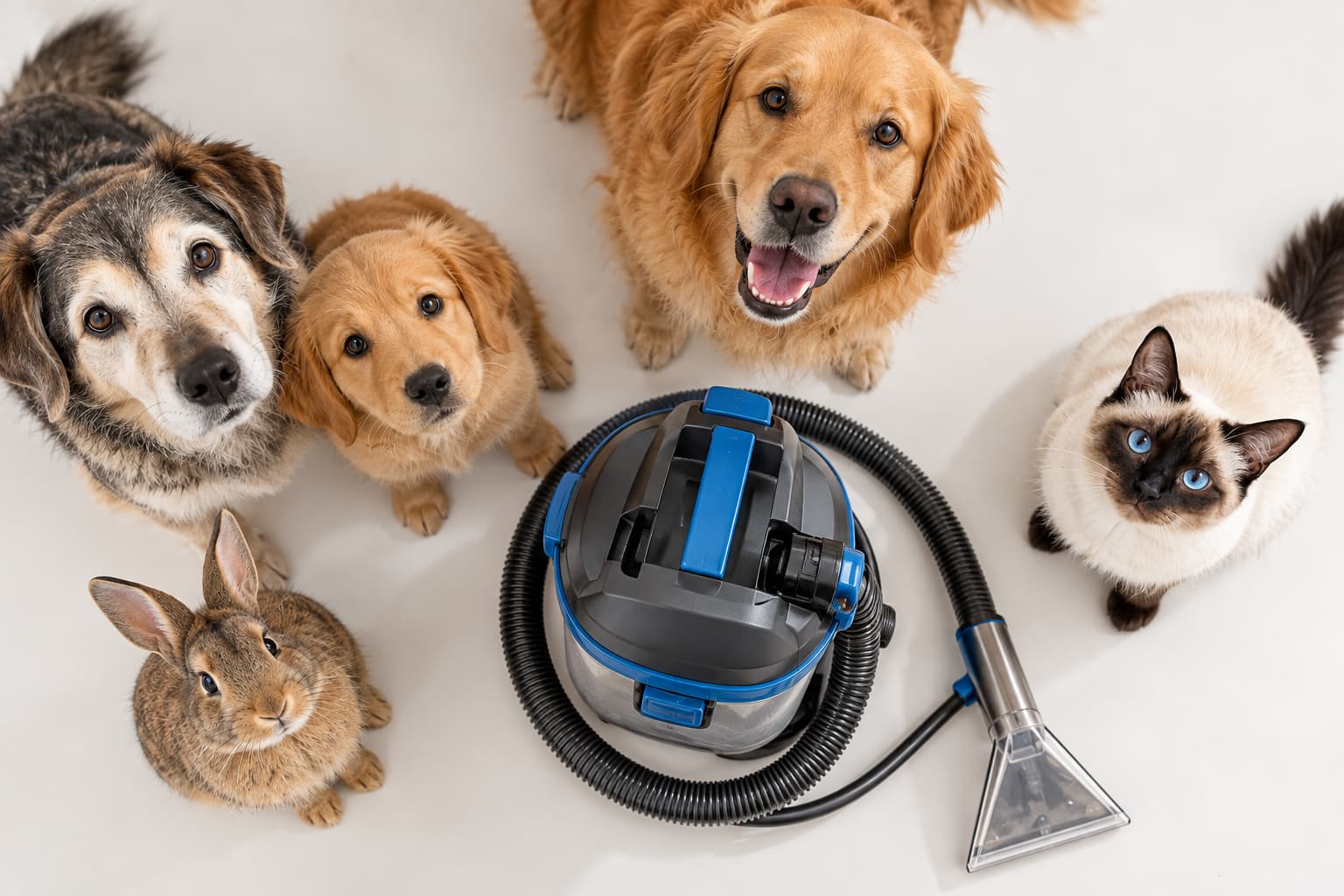 Blick von oben auf mehrere Haustiere auf hellem Grund, die zur Kamera hinaufschauen &ndash; ein Hund mit goldenem Fell, eine Siamkatze, ein Kaninchen, ein Welpe und ein &auml;lterer Hund &ndash; neben einem professionellen Polster-Waschsauger mit Handd&uuml;se. Mit diesem Ger&auml;t entfernt Shikardos Reinigung Tiergeruch in Frankfurt aus Sofa und Matratze, bis in den Schaumkern.