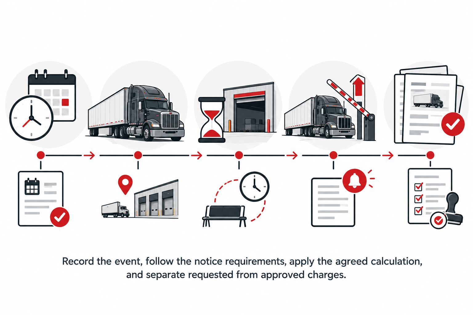 Timeline linking arrival, waiting, release, notice, and charge approval.