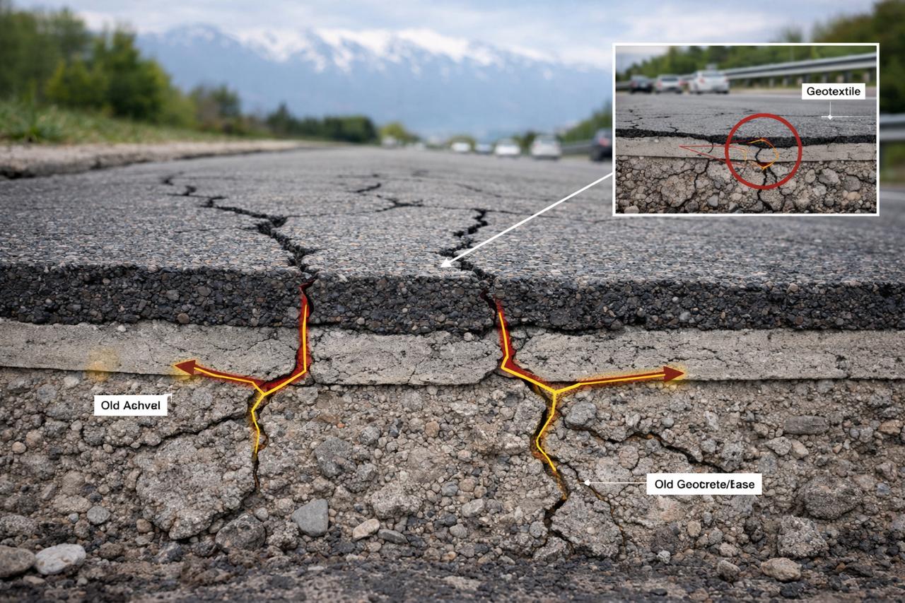 Отражени пукнатини в асфалт – нов слой върху стара напукана бетонна основа без геотекстил