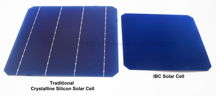 two solar cells, traditional crystalline silicon solar cell on the left, IBC solar cell on the right