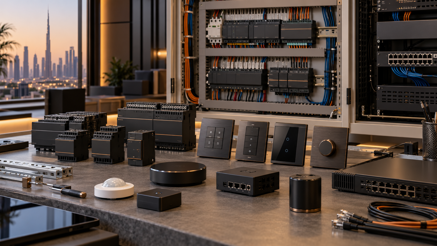 Illustrative concept of automation modules, keypads and network equipment arranged for specification