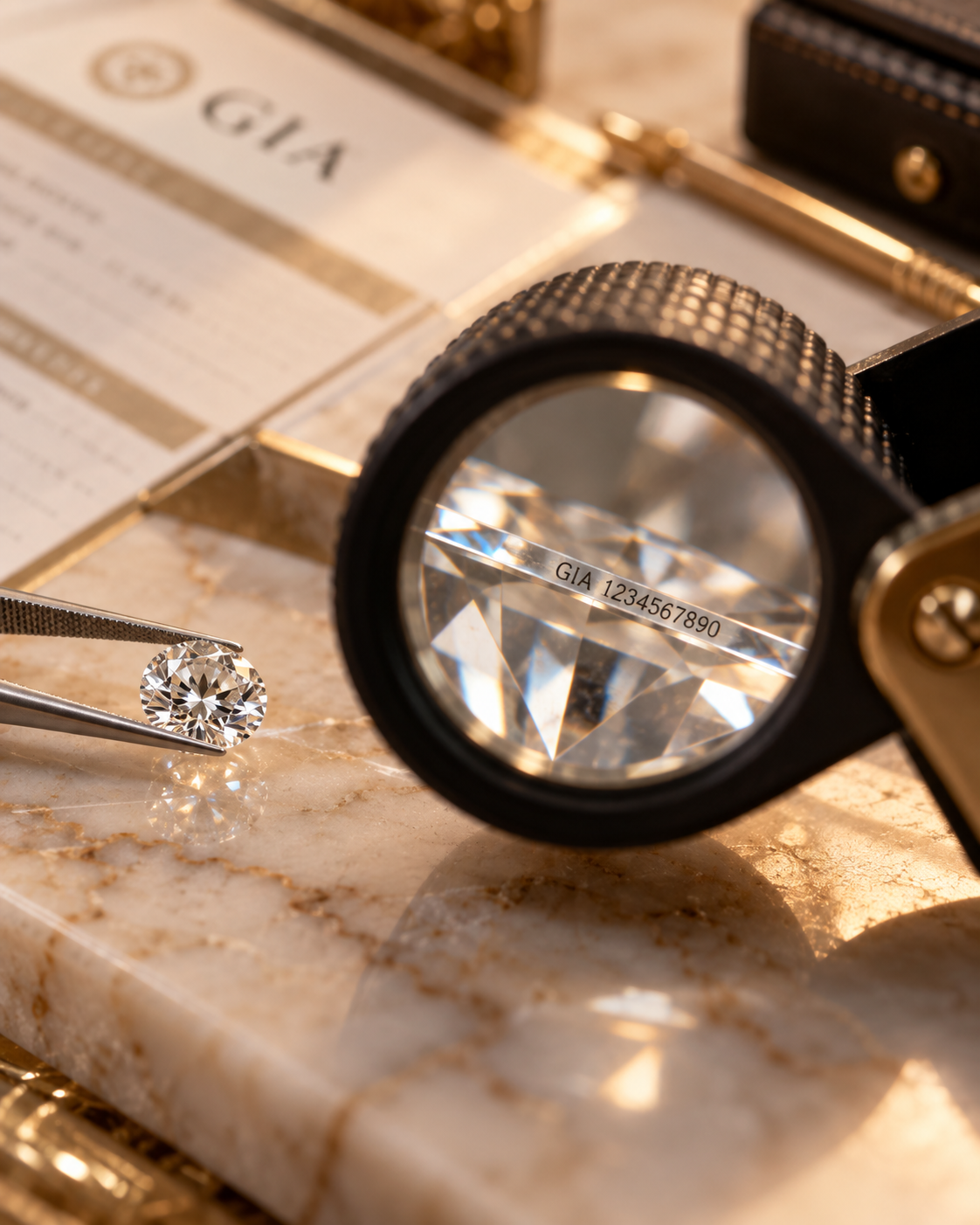 Lost GIA diamond report with Report Check, appraisal records, receipts and diamond evaluation tools