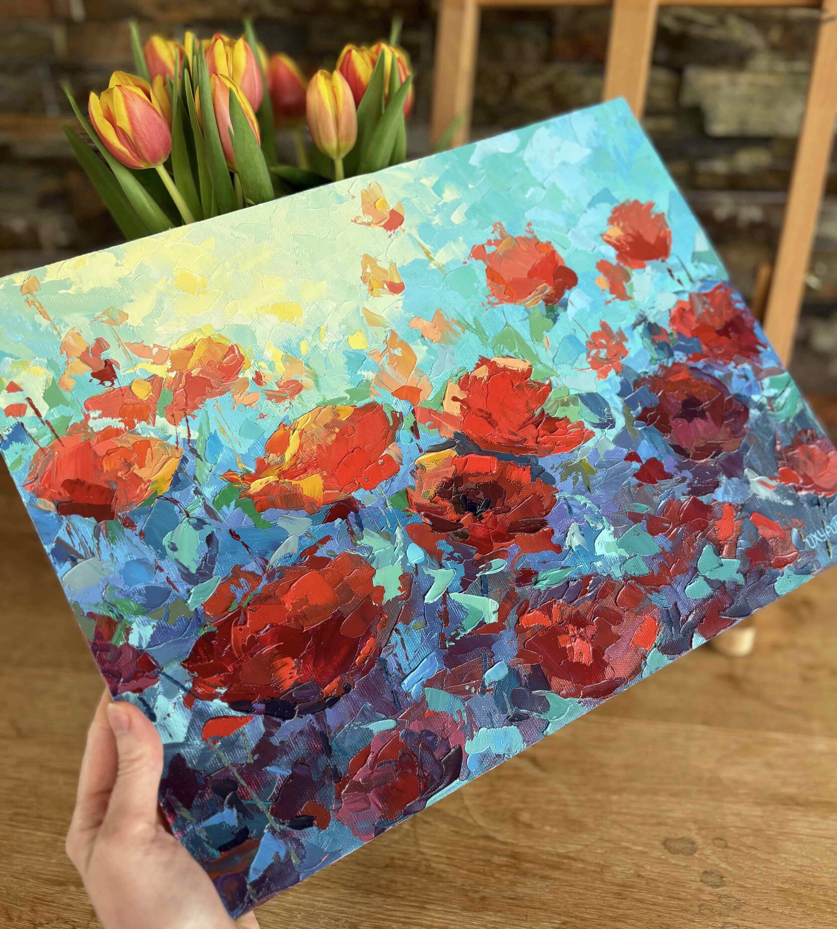 Poppy flowers oil painting, wildflowers abstract art, poppies knife painting, artist OXYPOINT Oxana Kravtsova