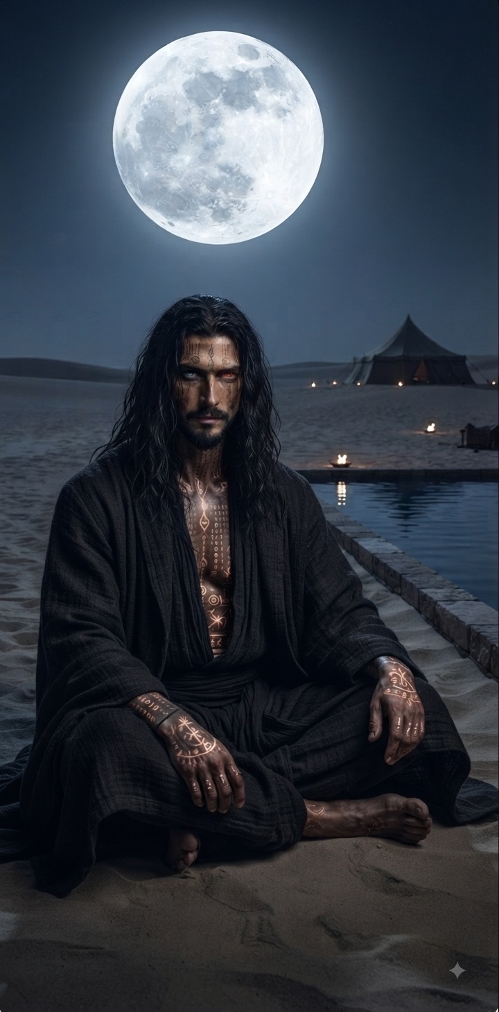 The Shaman in the desert beside water beneath the moon