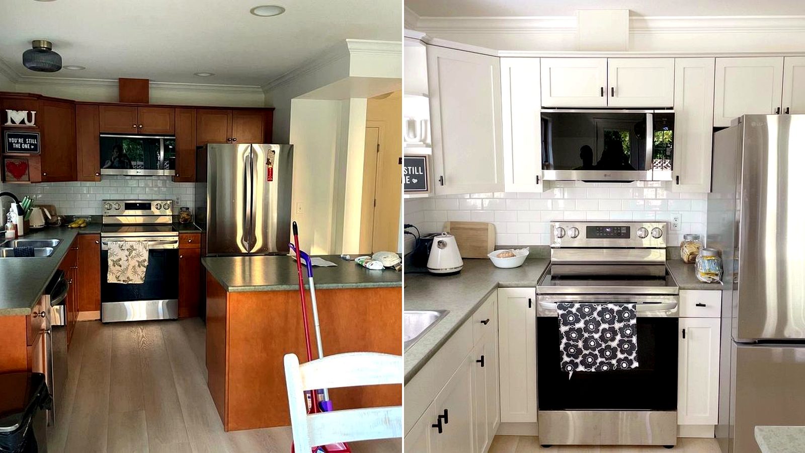Before and after kitchen cabinet repainting in Chilliwack BC by VeryWell Home Services