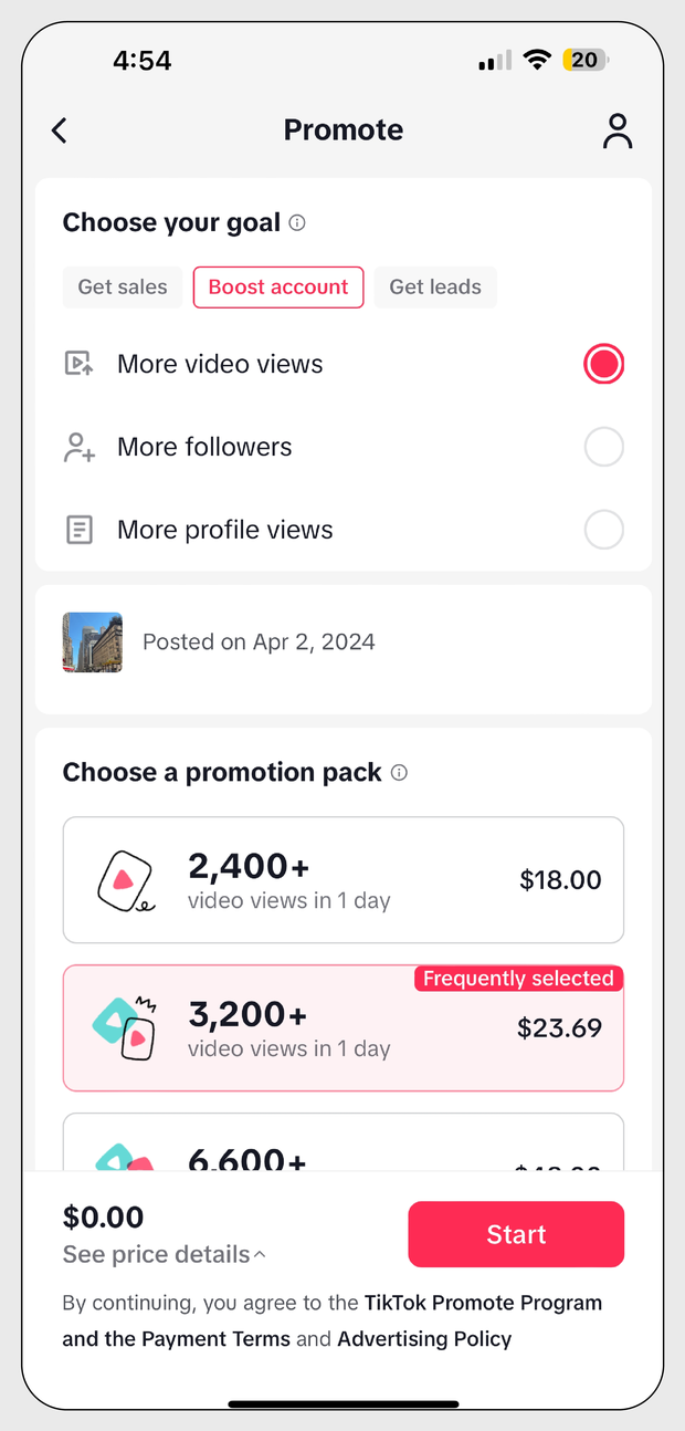 Выбор цели продвижения в Promote TikTok