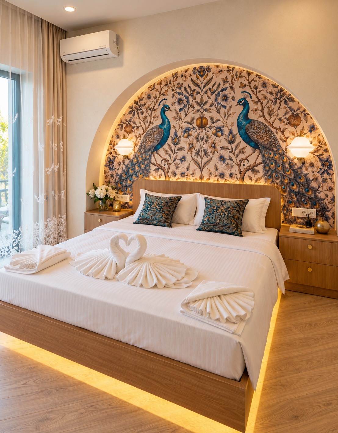 Спальня Santorini с арочной фреской с павлинами