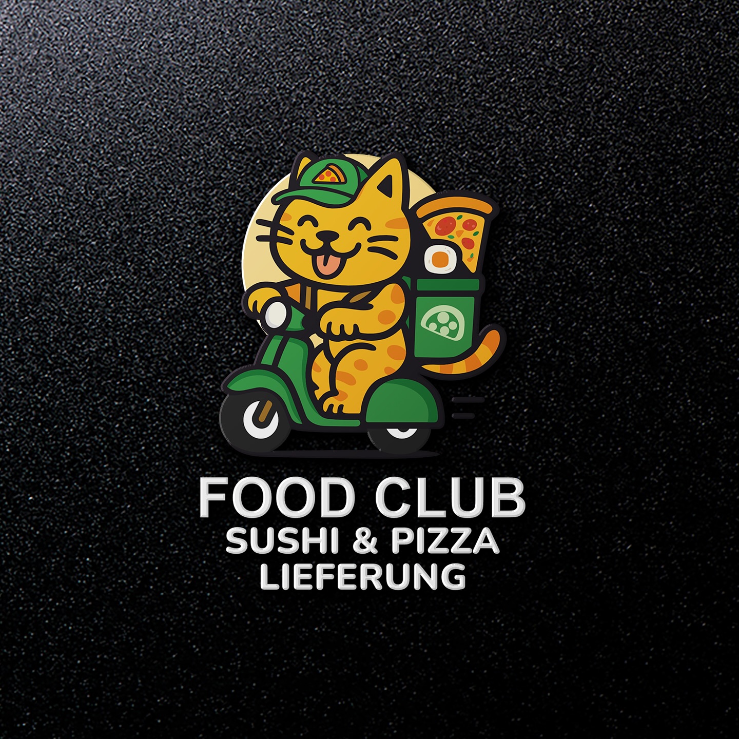 Food Club sushi and pizza delivery logo – a cat courier on a scooter