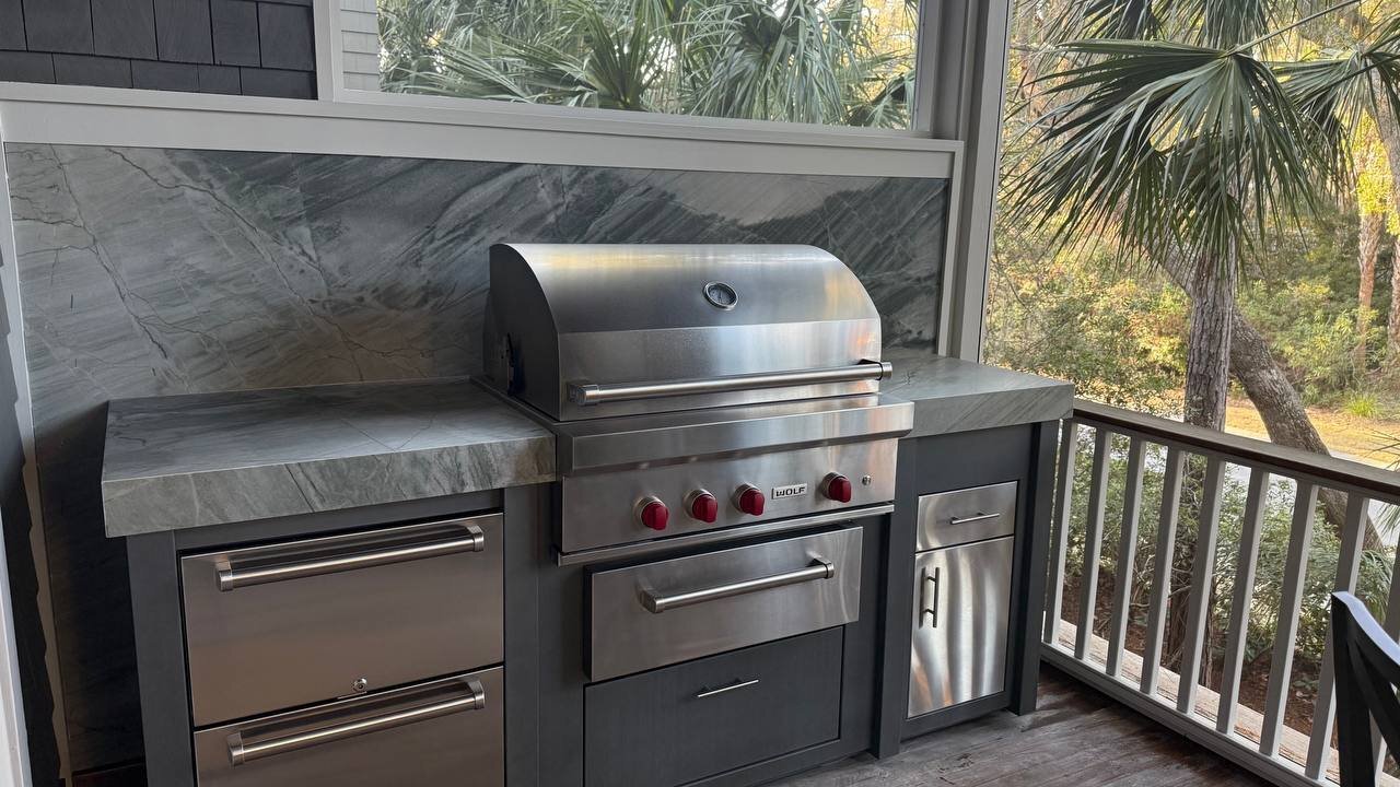 Installation of Stone Countertop and Backsplash for Outdoor Kitchen with Grill