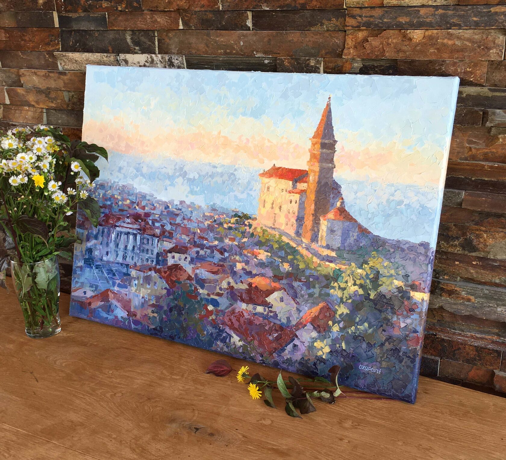 Piran oil painting, Slovenia abstract art, Slovenian landscape knife painting, artist OXYPOINT Oxana Kravtsova, painting for sale 