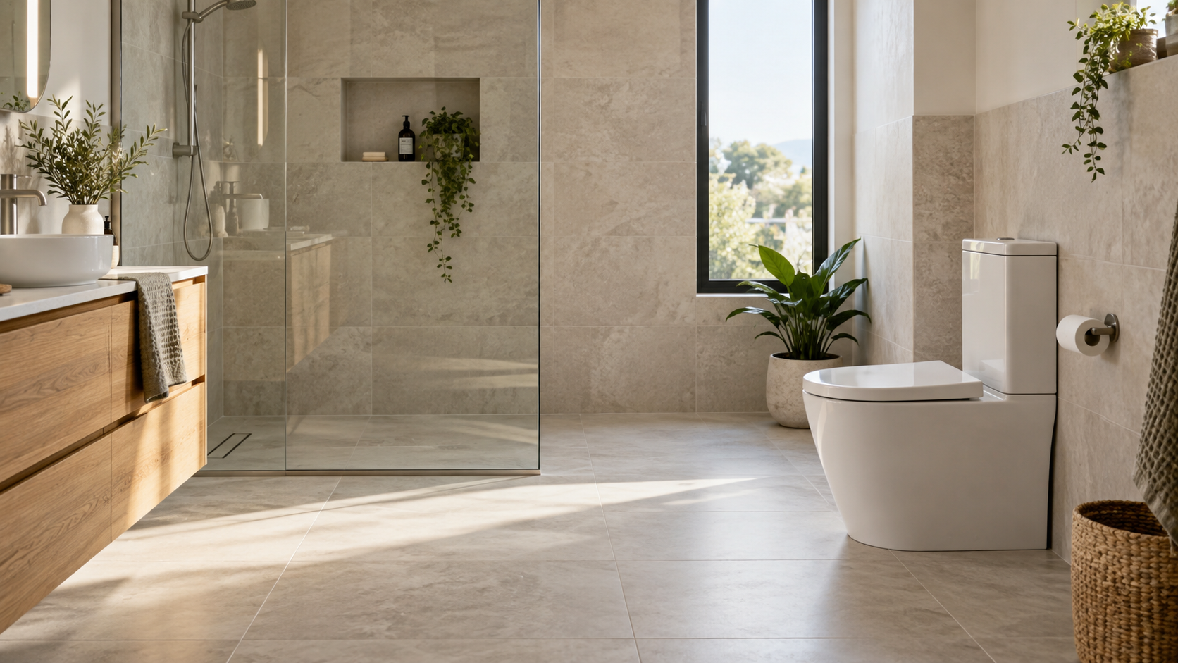 Contemporary bathroom with a white back-to-wall toilet, stone tiles and timber vanity