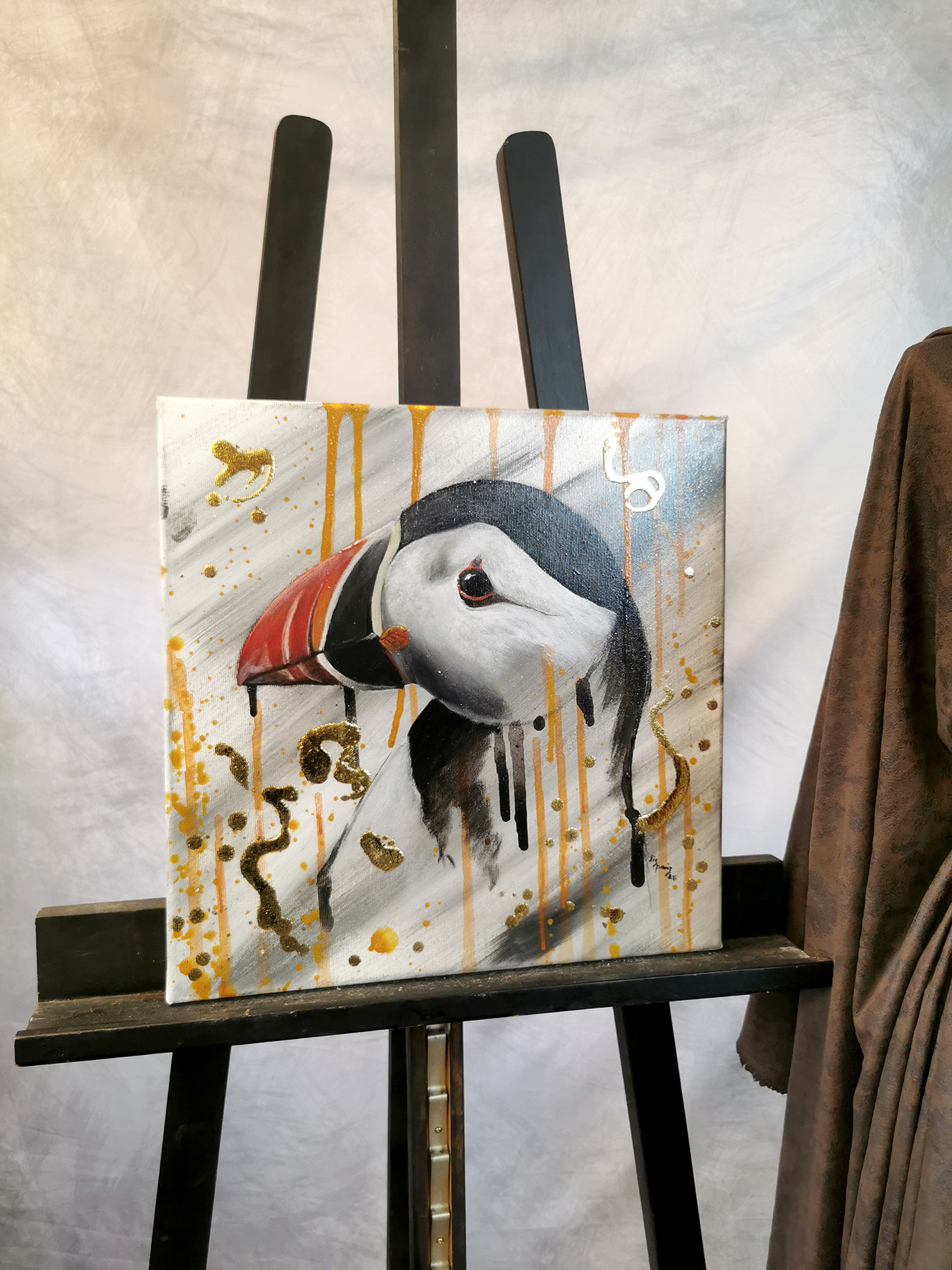 Papageientaucher Gemälde Original – Wildnis und fragile Schönheit