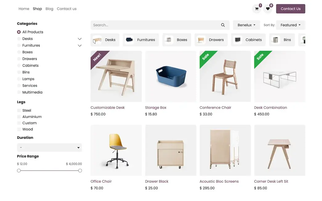 Odoo eCommerce doʻkon sahifasi: kategoriyalar, filtrlar va mahsulotlar toʻri