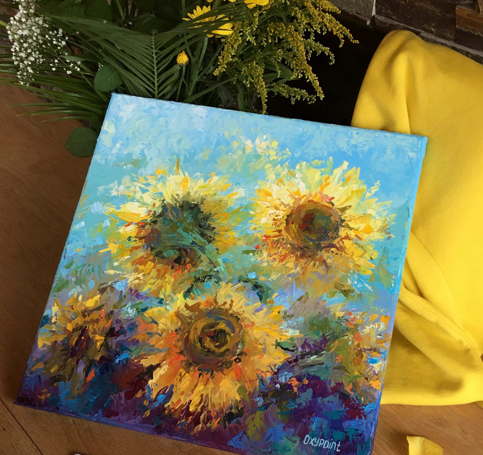 sunflowers oil painting, wildflowers abstract art, sunflower knife painting, artist OXYPOINT Oxana Kravtsova