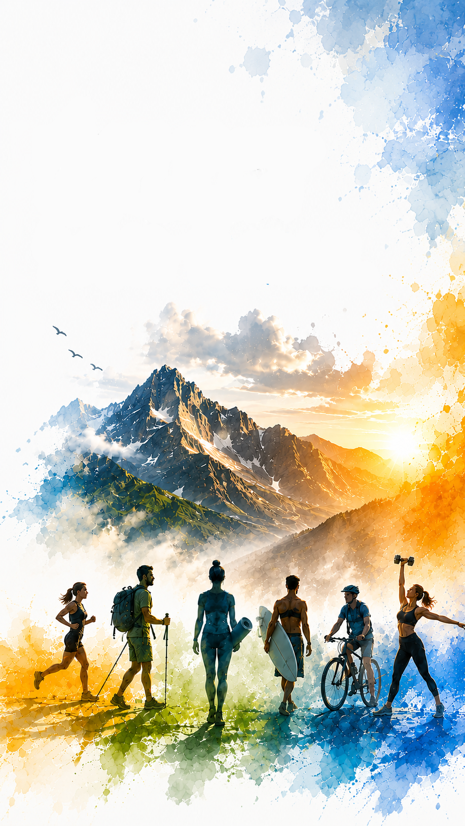 Mountain landscape with silhouettes of people, mobile version