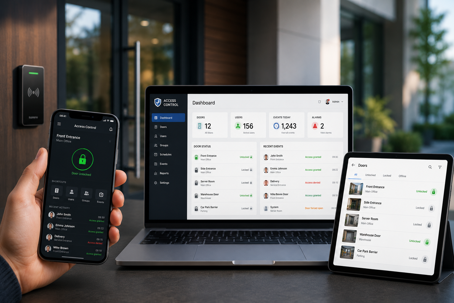Access control system managed from a laptop and smartphone