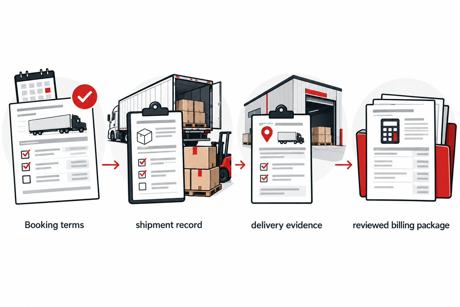 Document flow from booking through pickup, delivery, and billing.