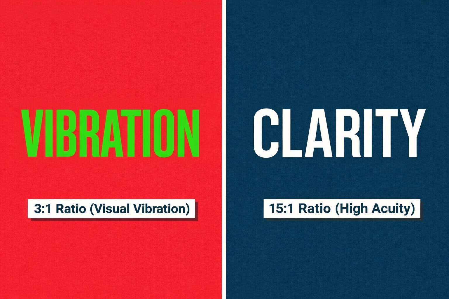 Comparison of low contrast 3:1 ratio causing visual vibration versus high contrast 15:1 ratio for optimal billboard legibility.