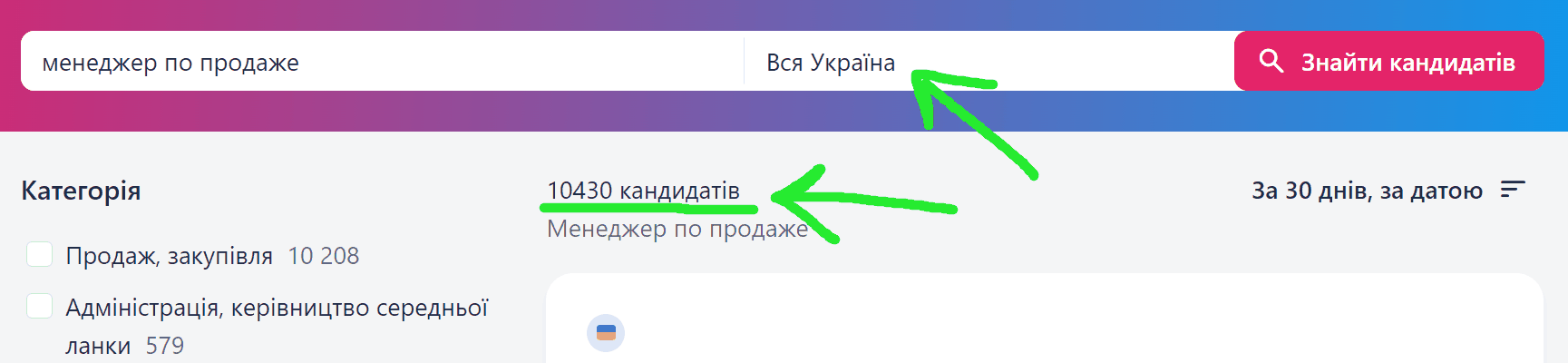 Скріншот бази кандидатів: 10430 кандидатів за запитом «менеджер по продажу», вся Україна