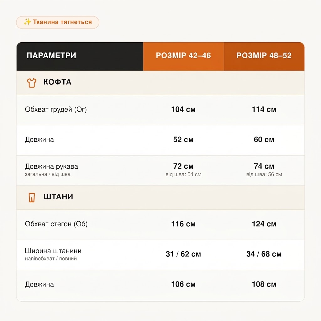 Розмірна сітка — Заміри костюму «Cozy»