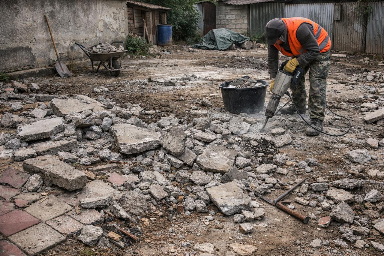 къртене на стара настилка преди асфалтиране на двор в София