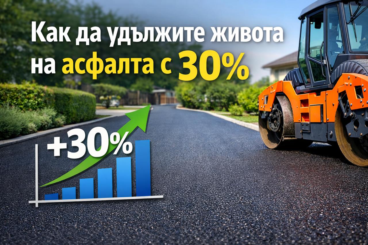 Машинно полагане на нов асфалт в двор в София с валяк – инфографика за удължаване живота на настилката с 30%