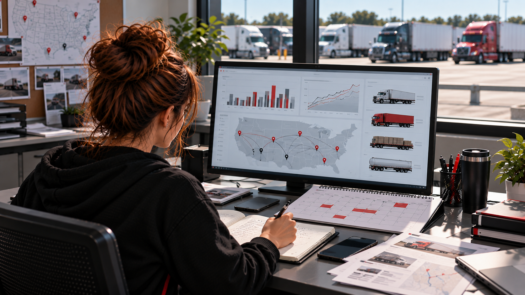 A dispatcher reviewing a year calendar alongside changing freight lanes and equipment icons without implying guaranteed rate seasons