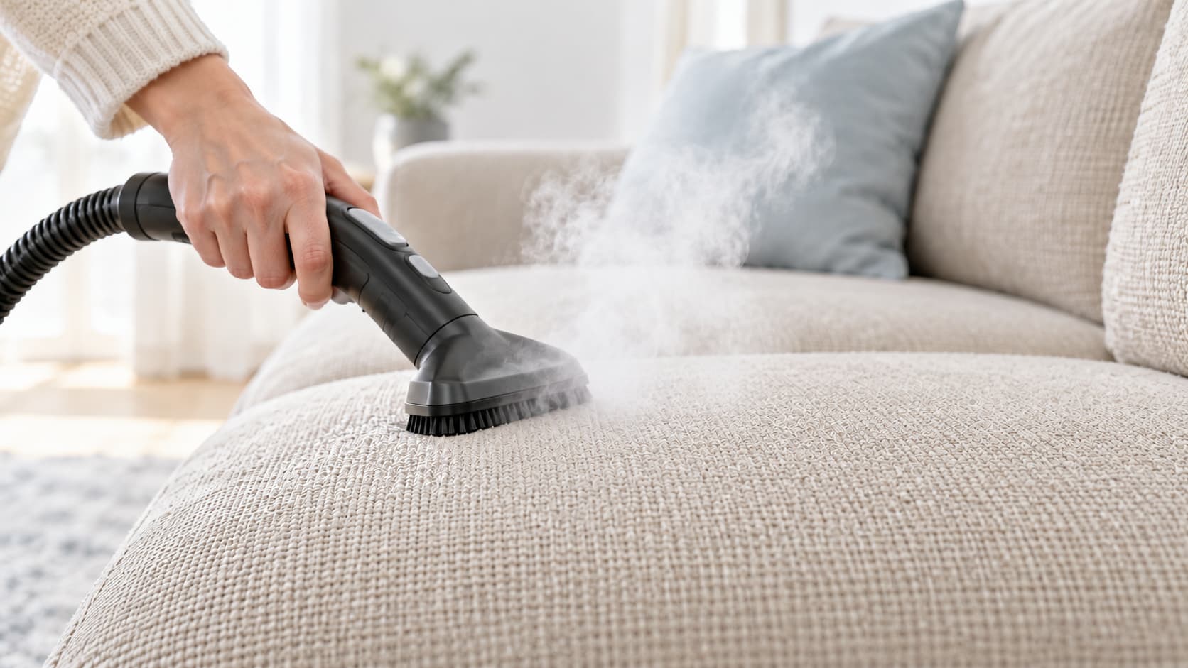 Sofa mit Dampfreiniger reinigen – Shikardos Reinigung Hand führt einen Dampfreiniger über das Sitzkissen eines hellen Stoffsofas, aus der Düse steigt eine leichte Dampfwolke auf. Shikardos Reinigung aus Frankfurt erklärt, wann Dampf dem Polster hilft und wann er schadet.