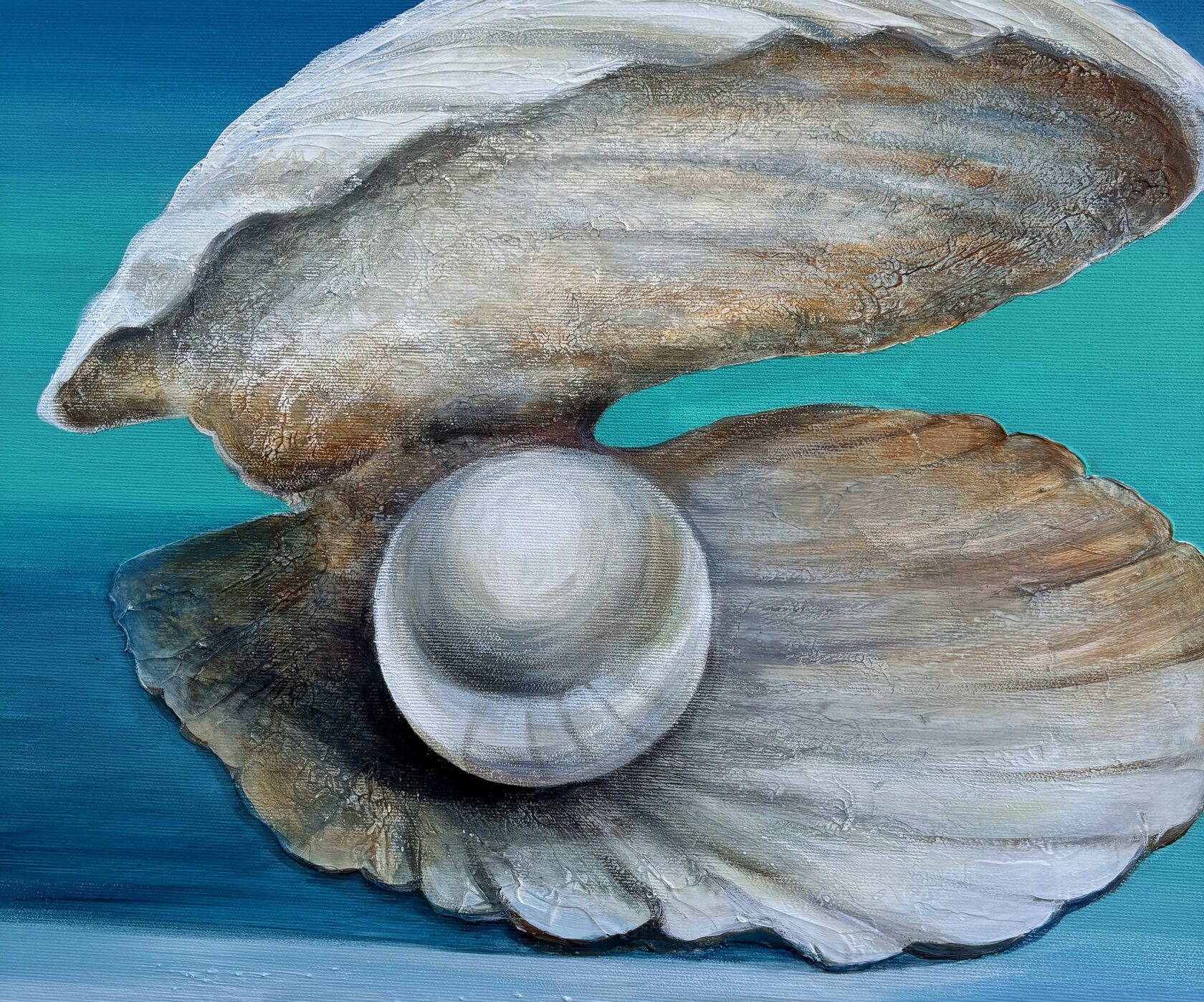 Acrylic painting pearl, mixed media, sea sand texture, open seashell, oceanic beauty, turquoise sea, waves, large wall art for sale, buy art from artist, buy original paintings, seascape, painting for sale Oxana Kravtsova Oxypoint