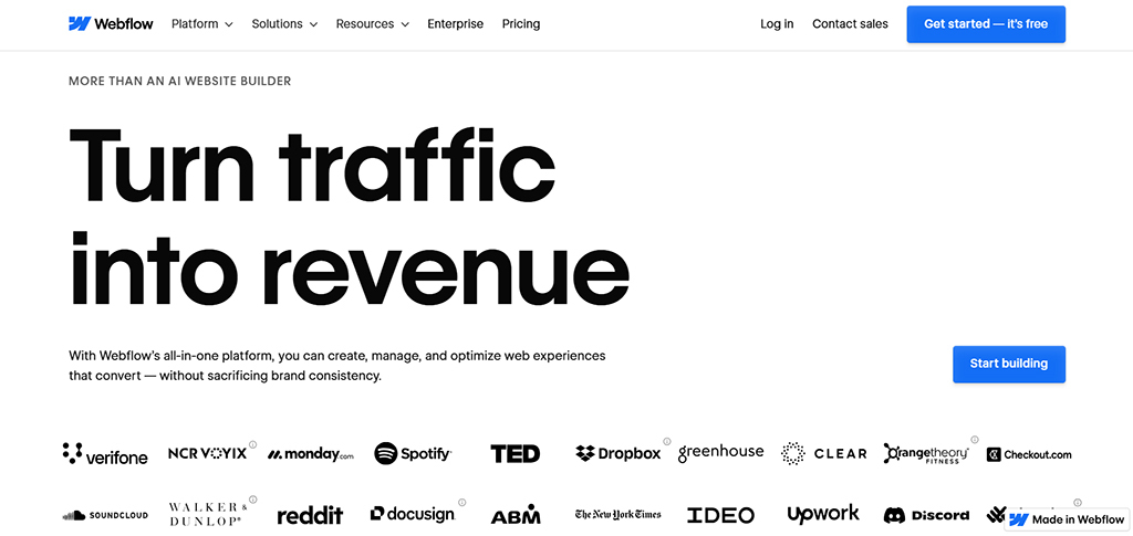 SaaS landing page example — Webflow.